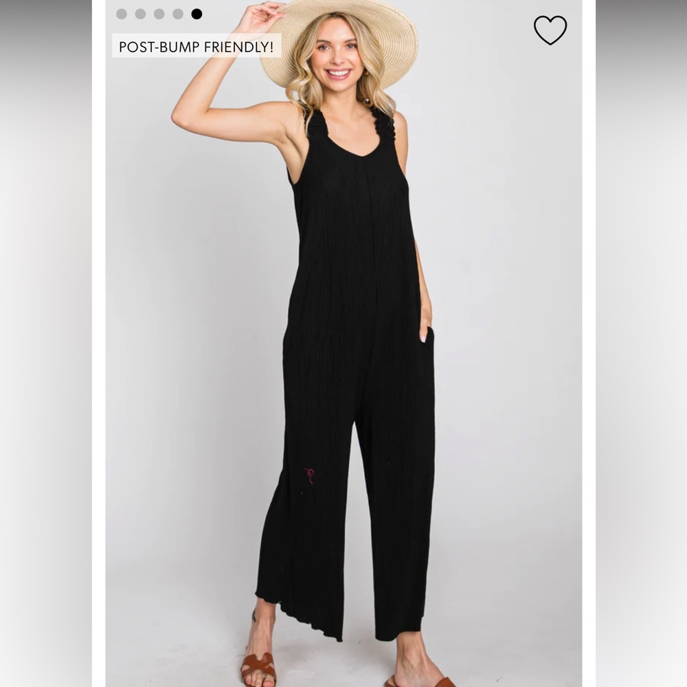 Black Ribbed Ruffle Trim Wide Leg Sleeveless Maternity Jumpsuit
